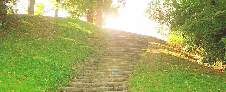 stairs in park with sun in background